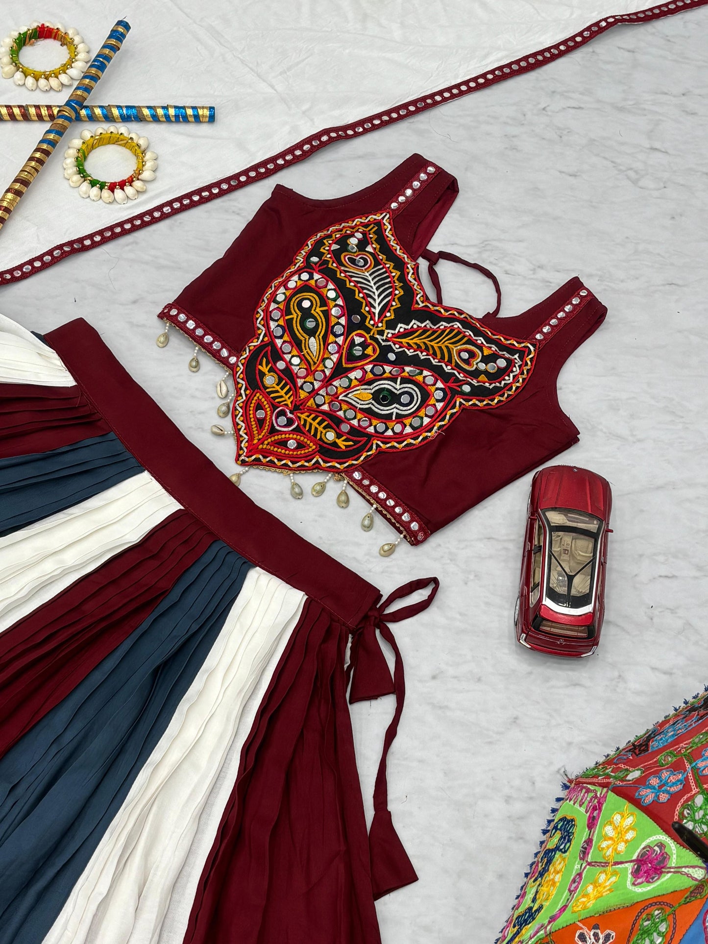 Trendy Multicolor Rayon Cotton Gamthi Work Lehenga Choli For Navratri