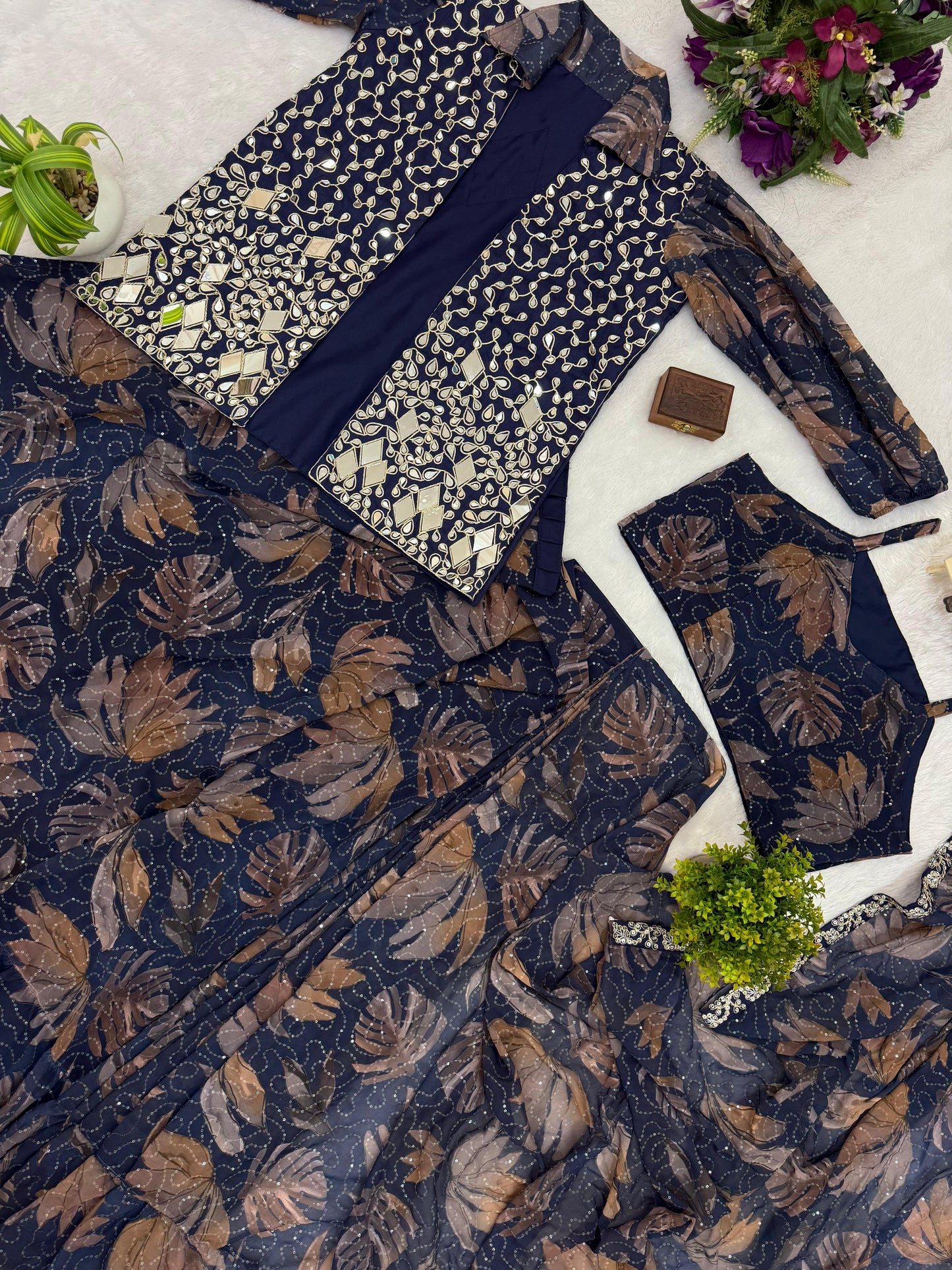 Ready To Wear Navy Blue Color Printed Saree With Koti