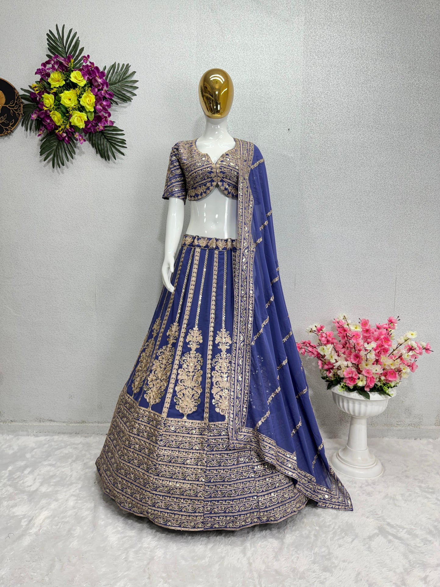 Captivating Blue Color Georgette Sequence Work Lehenga Choli