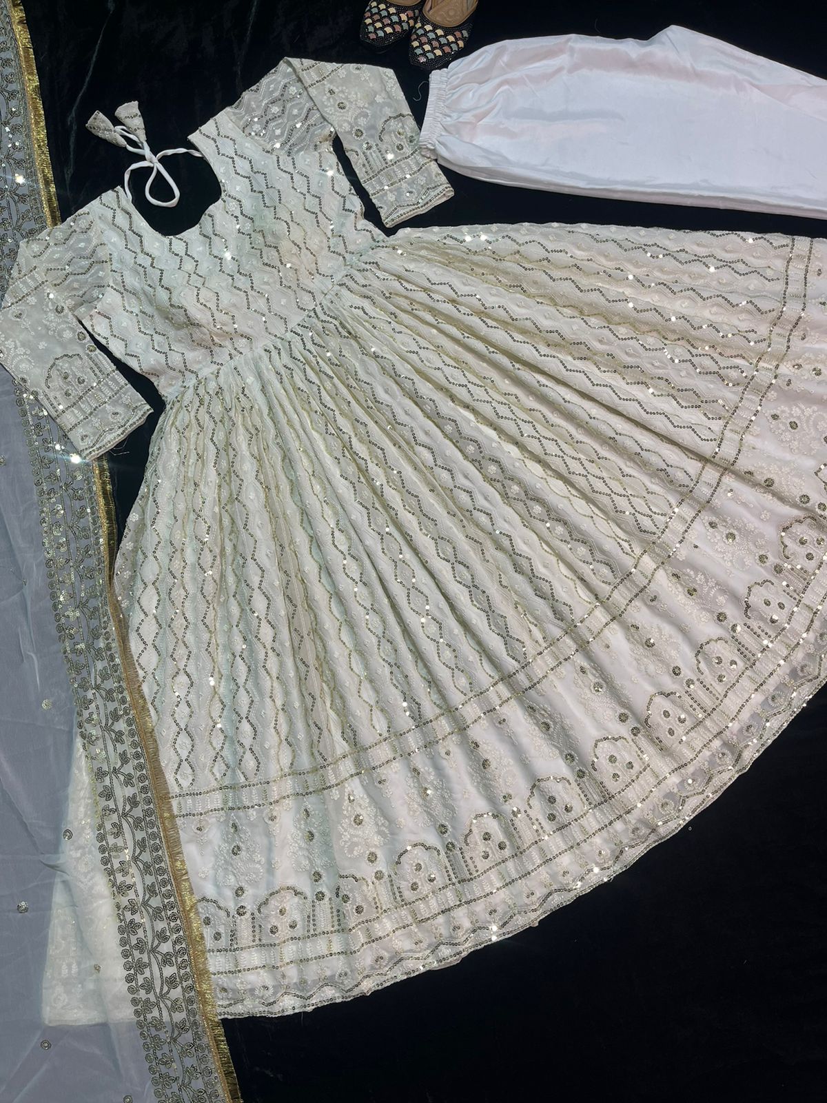 Outstanding Sequence And Embroidery Work White Color Gown