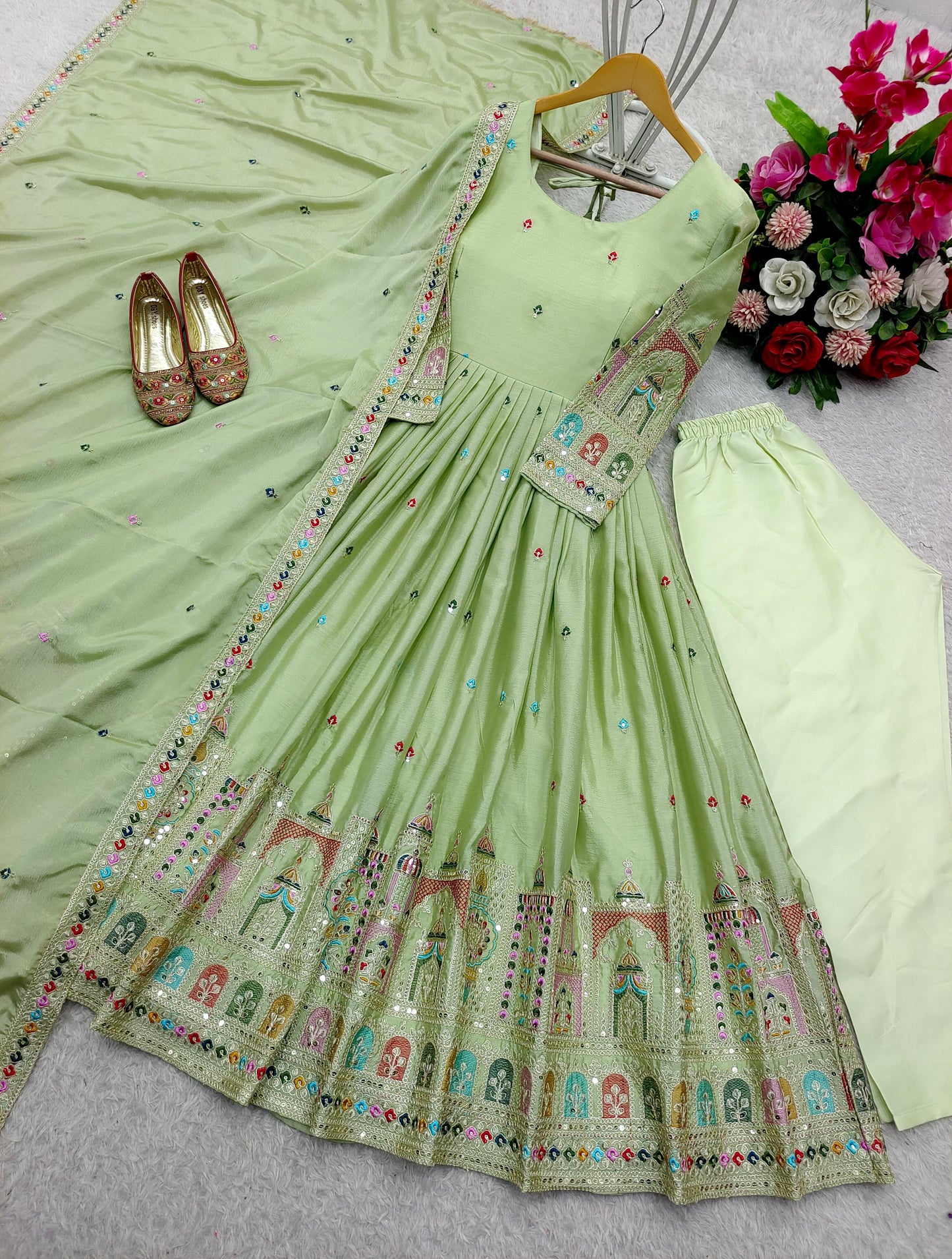 Beautiful Embroidery Work Pista Color Anarkali Gown