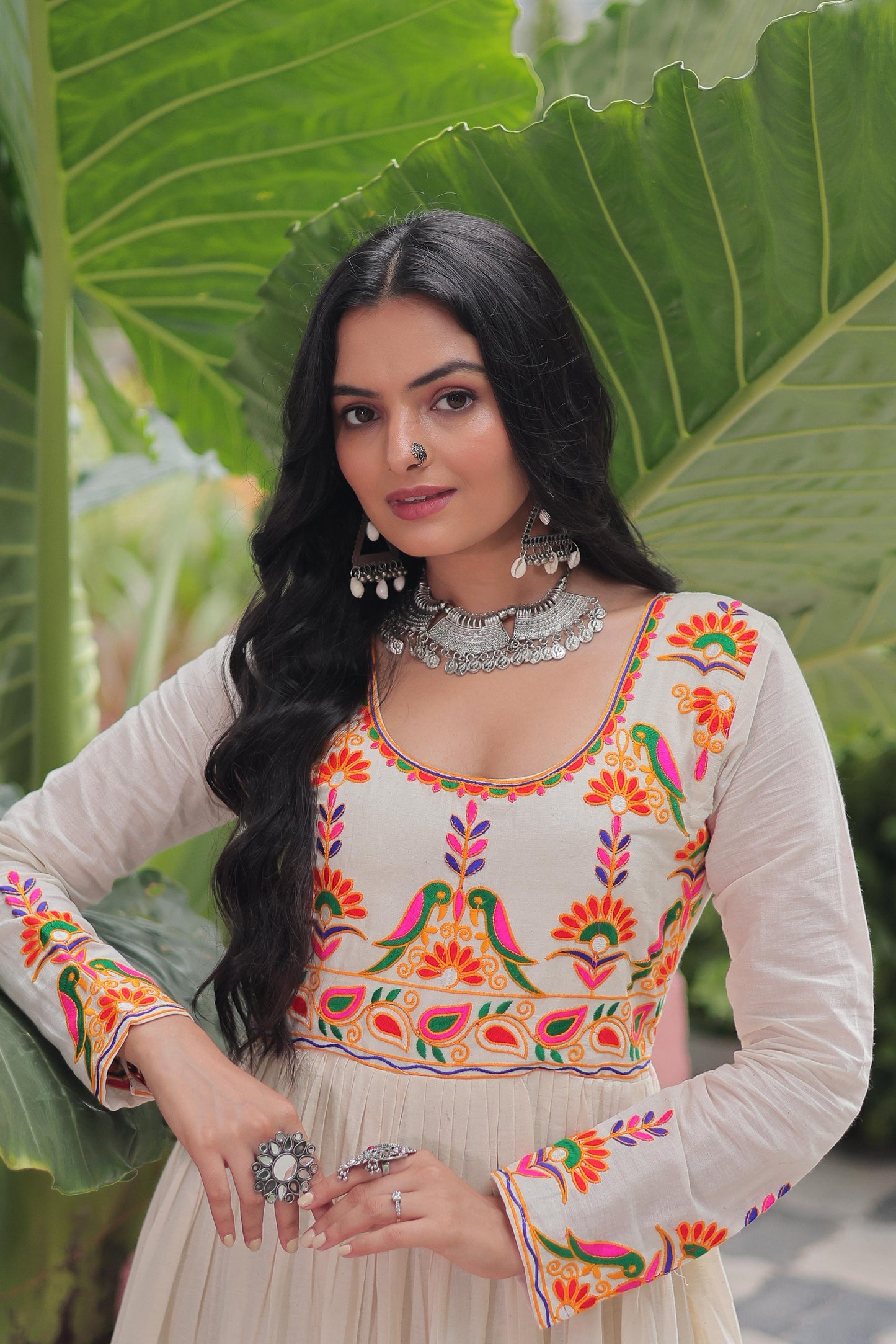 Lovely White Cotton Embroidered Gown For Navratri Wear