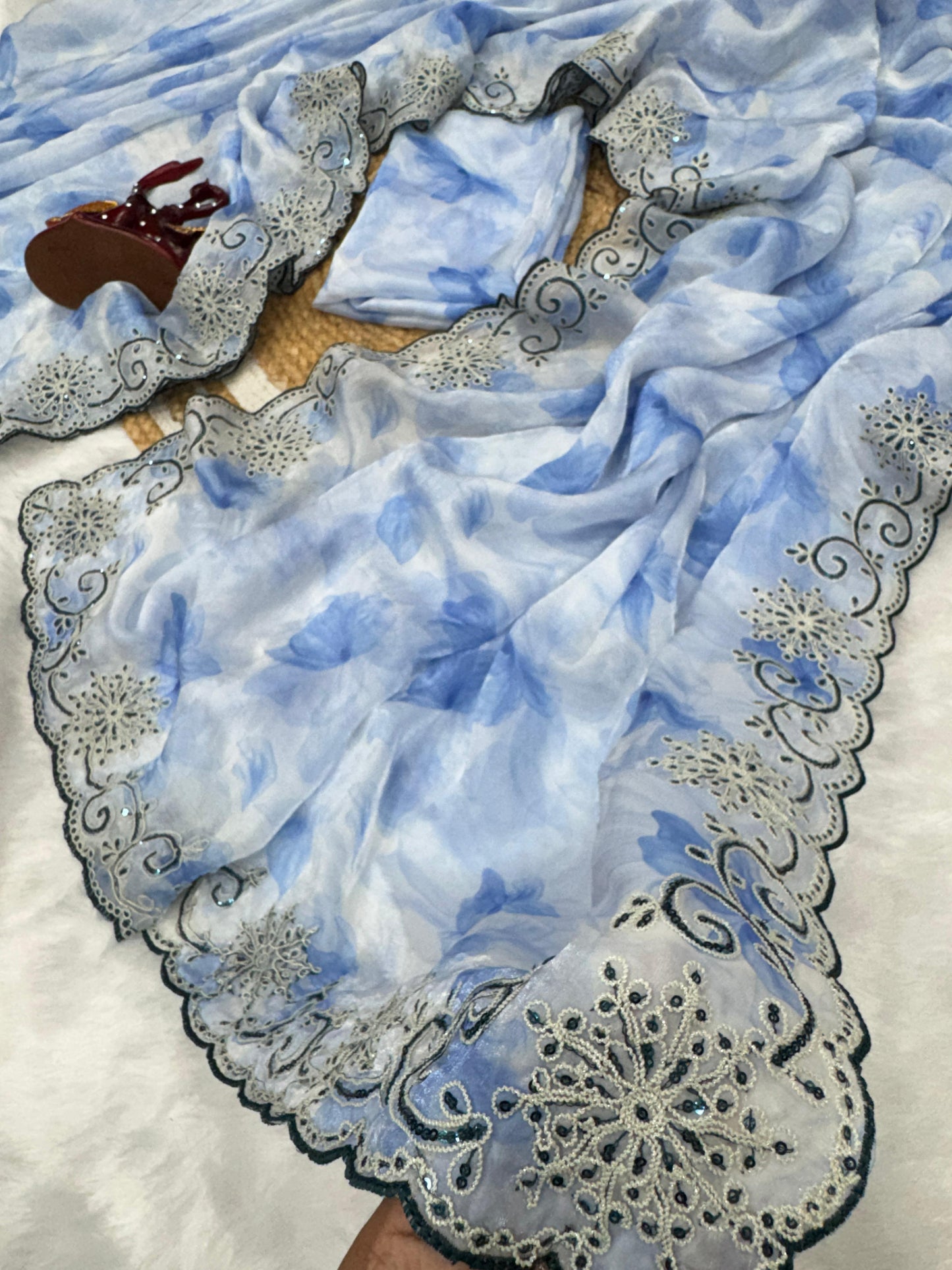 Precious Sky Blue Beautiful Printed Silk Saree