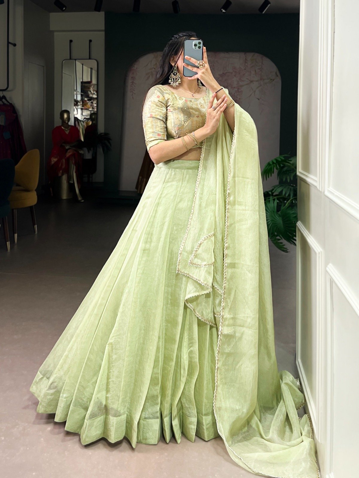 Stylish Green Allen Crush Plain Lehenga Choli