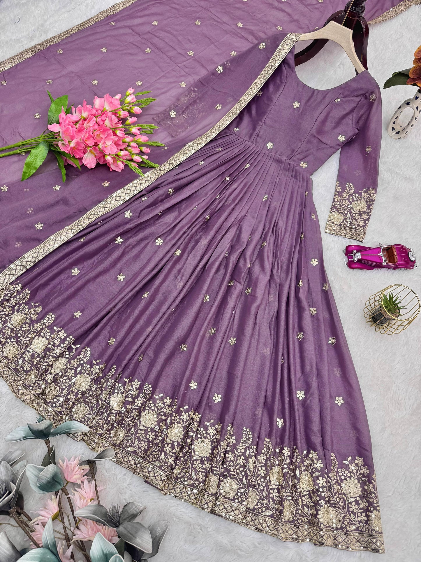 Charming Purple Heavy Diamond Silk Embroidery Work Gown