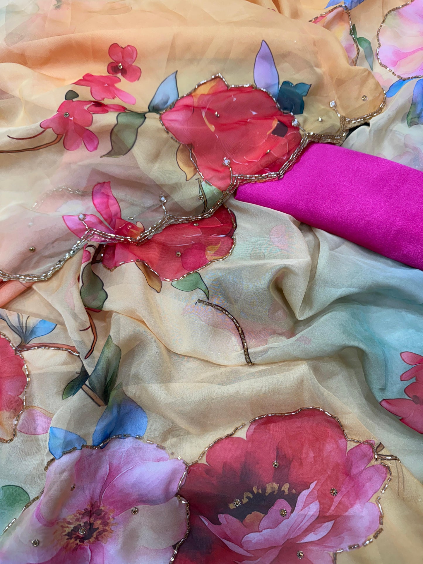 Sky Blue Flower Printed Color Silk Saree