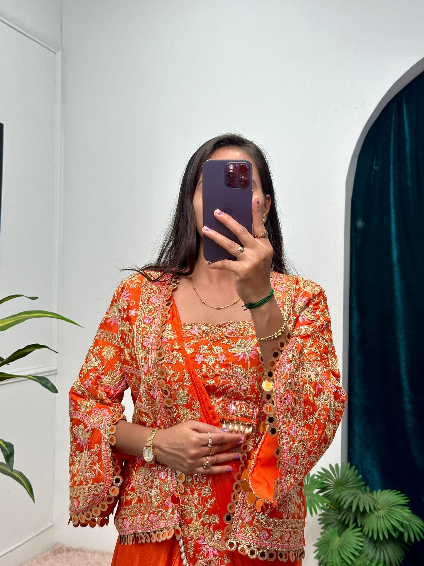 Presenting Embroidery Work Orange Color Ready To Wear Saree