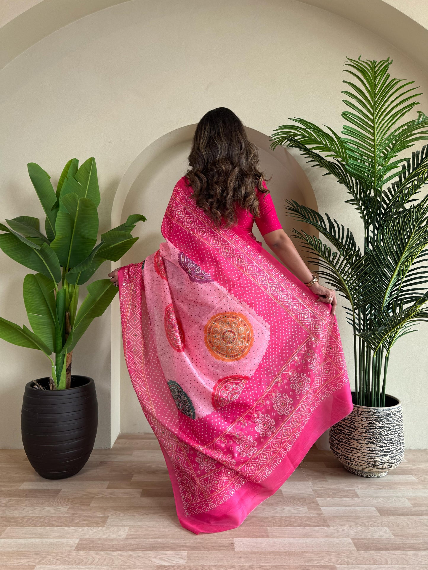 Multi Design Bandhani Print Pink Color Exclusive Saree