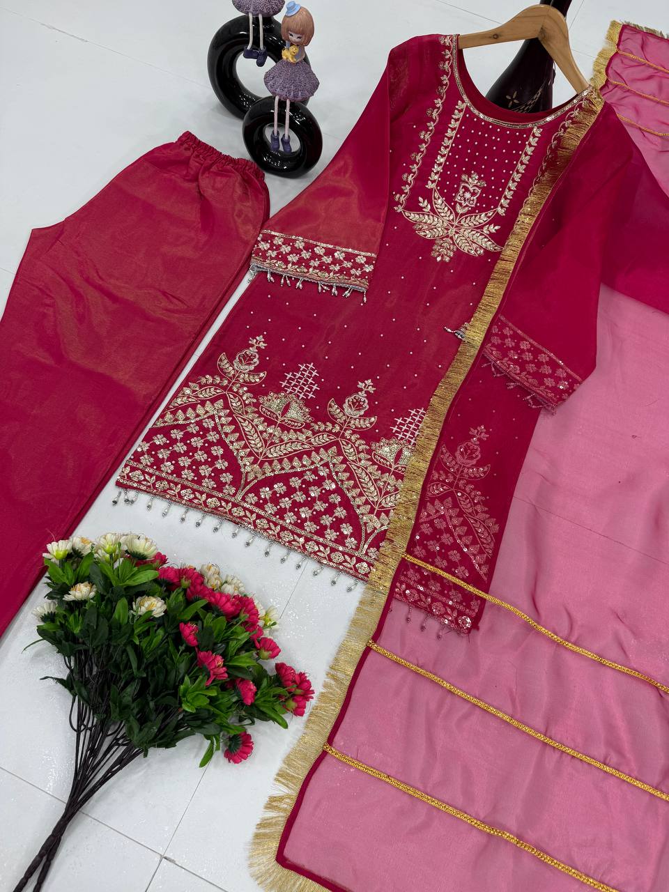 Exotic Pink Color Roman Shimmer Silk Salwar Suit