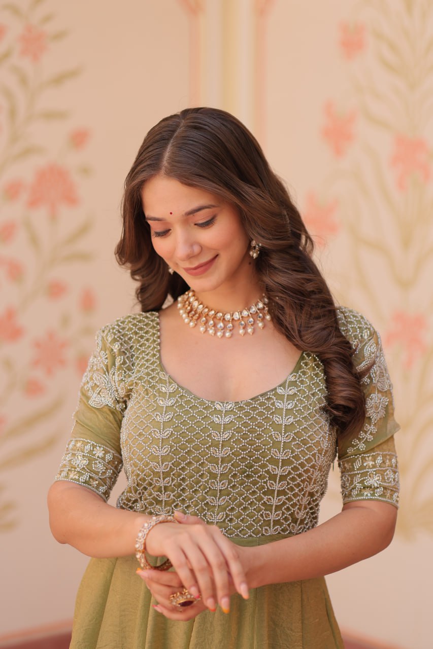 Exclusive Embroidered Work Mehndi Color Gown