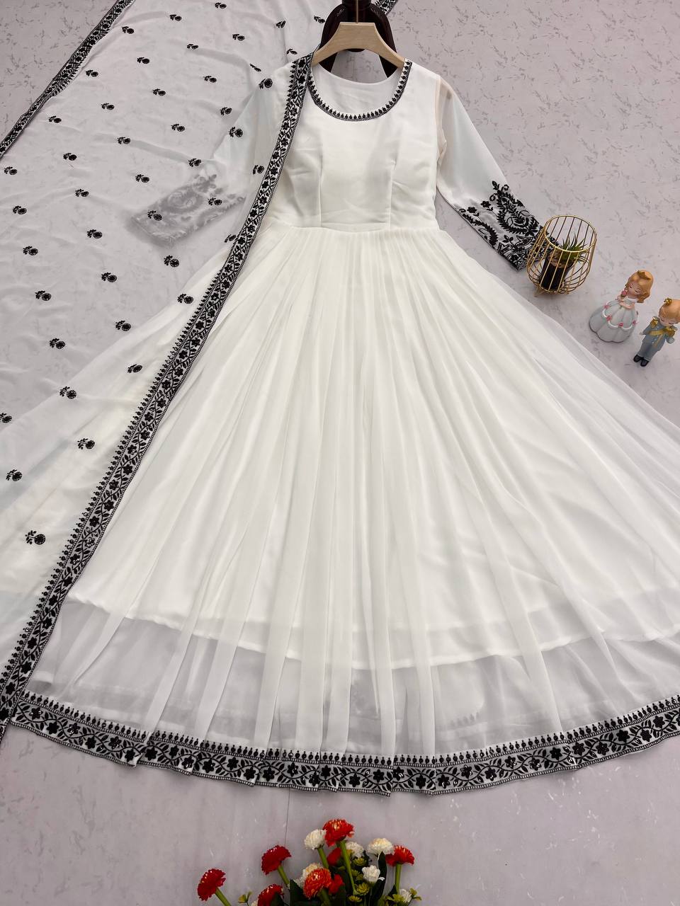 Preferable Embroidery Work White Color Anarkali Gown