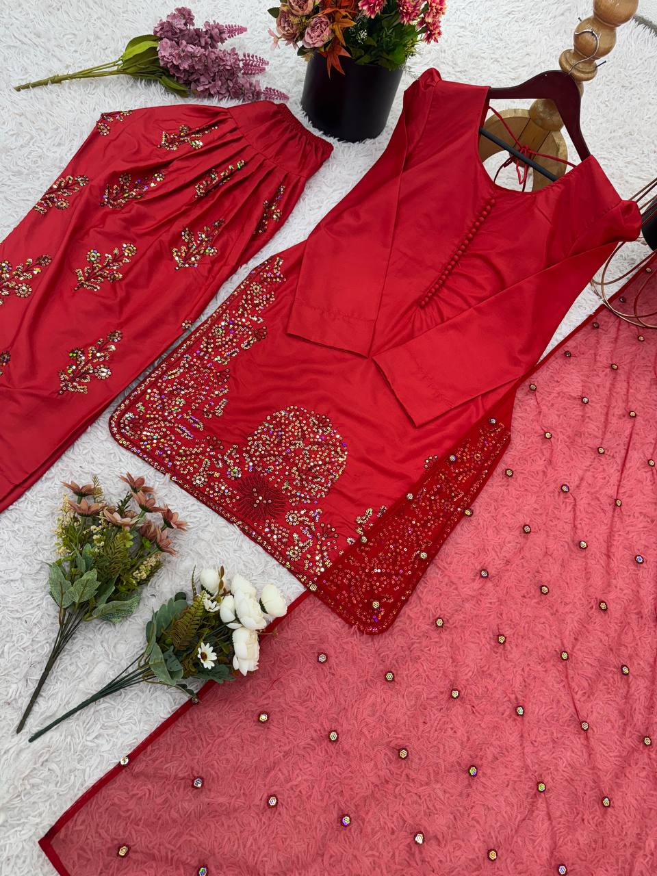 Charming Embroidery Work Red Color Palazzo Suit