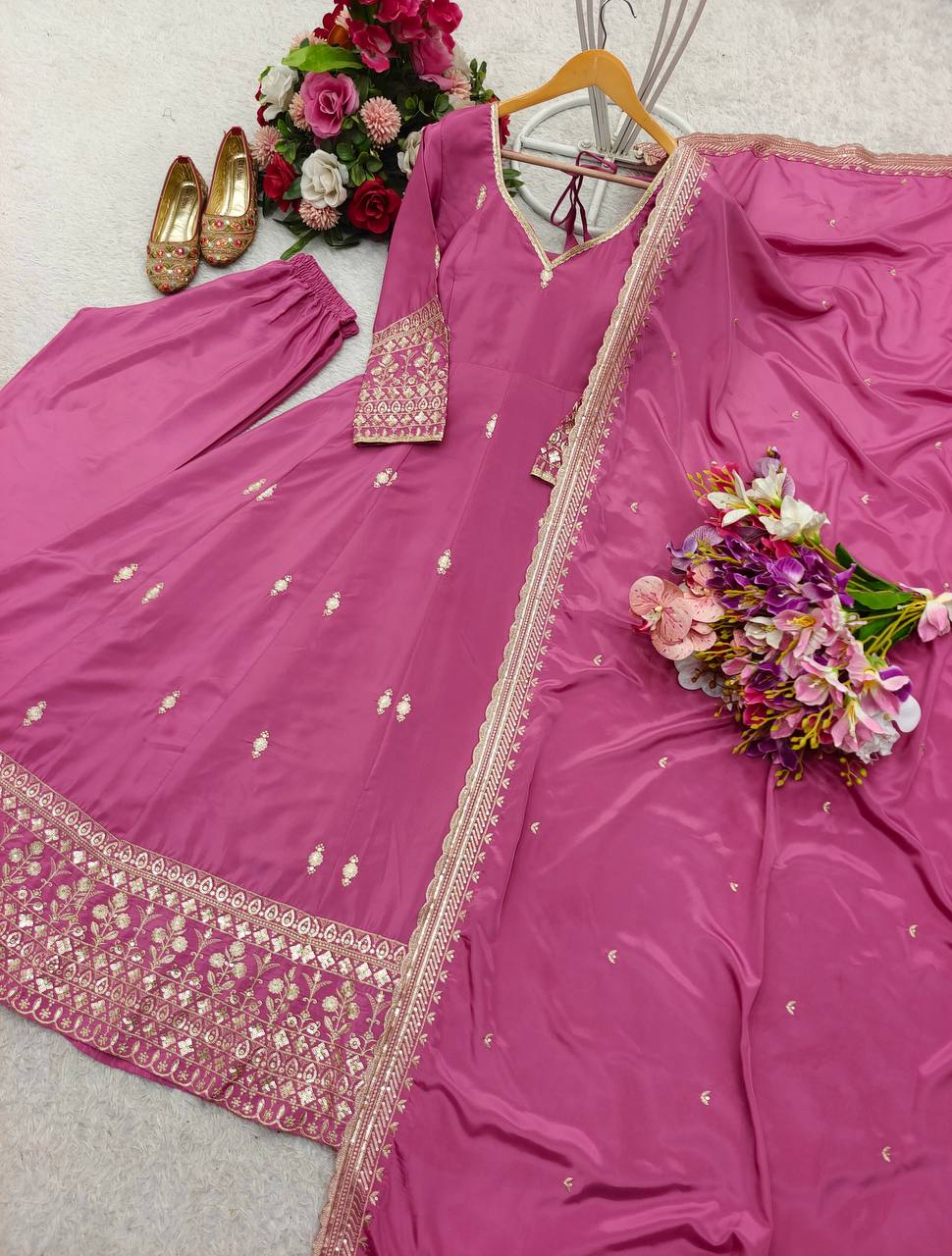 Embroidery Work Pink Color Anarkali Gown