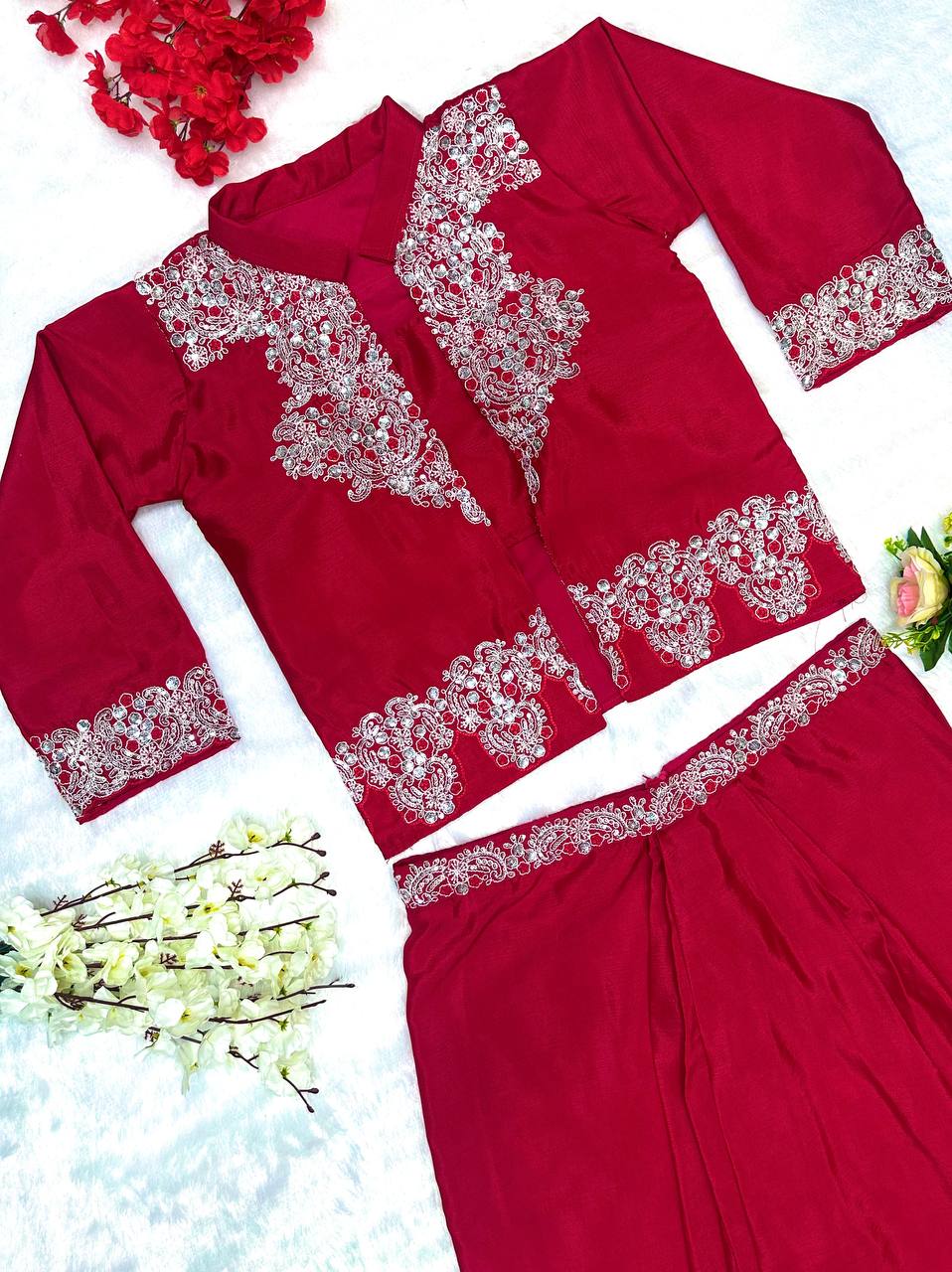 Adorable Red Color Embroidery Work Dhoti Suit With Koti