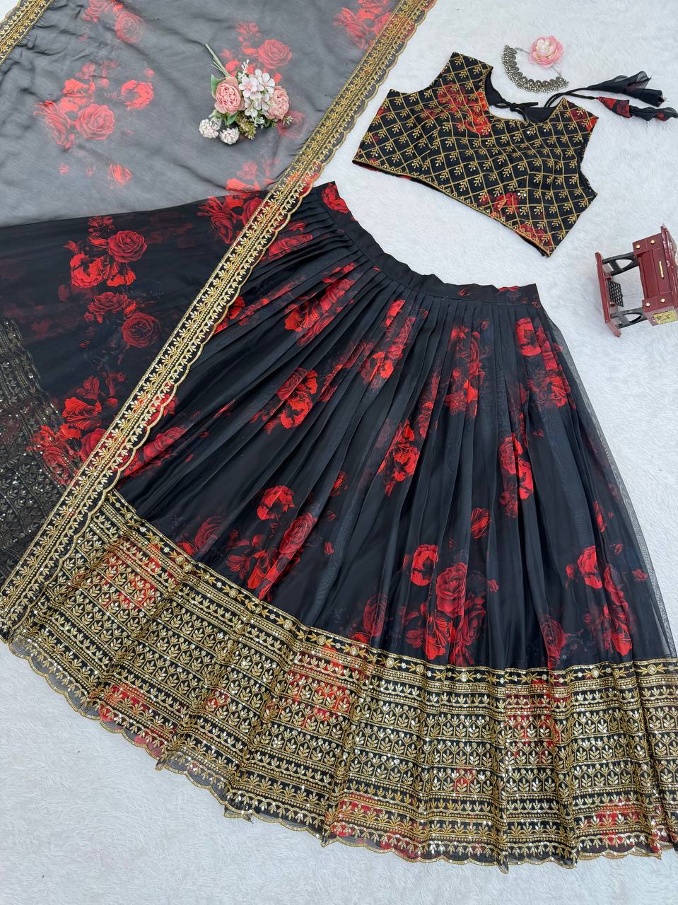 Black Color Printed Glorious Organza Lehenga Choli