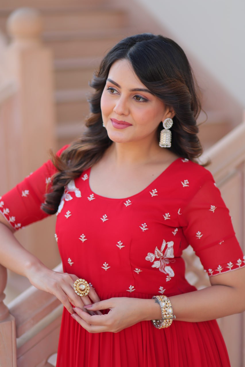 Red Color Beads Embroidery Work Alluring Gown
