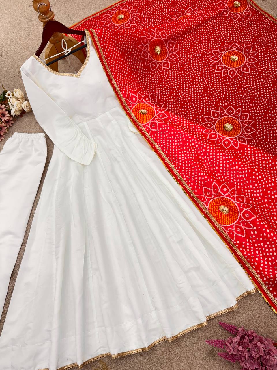 Roman Silk White Color Gown With Printed Dupatta