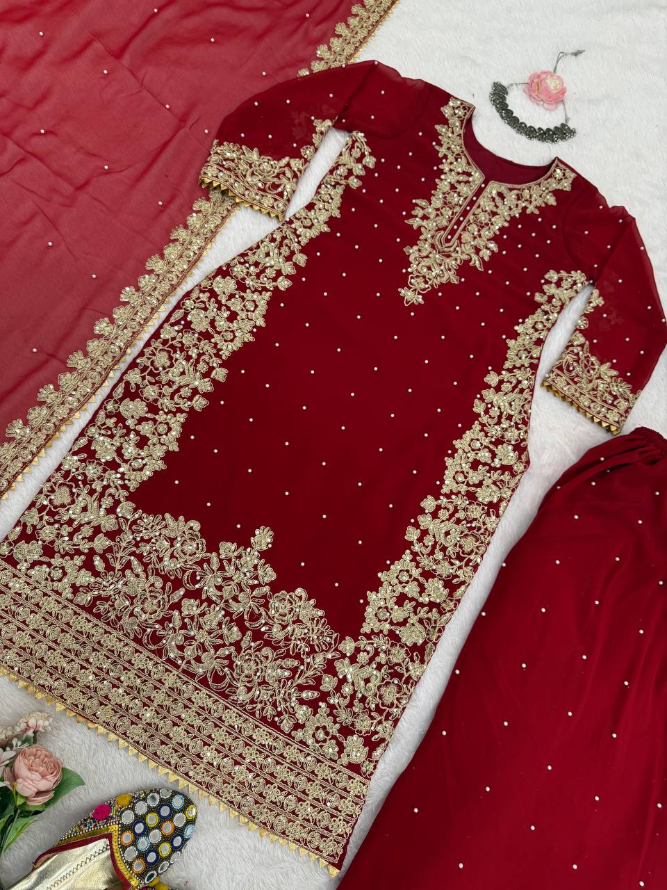 Red Georgette Sequence Work Fantastic Palazzo Suit