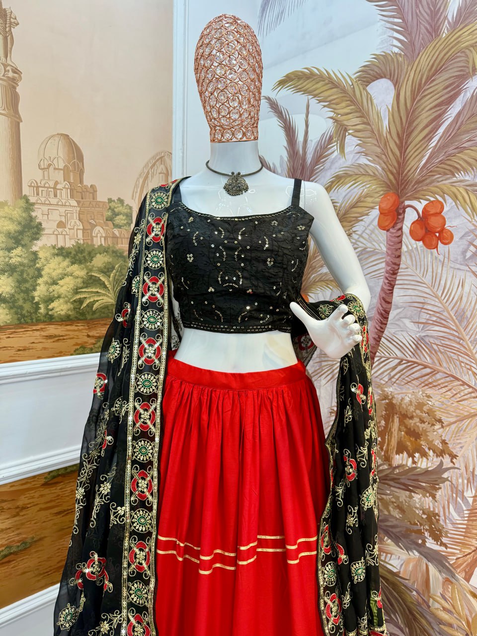Fabulous Red Cotton Print Work Lehenga Choli