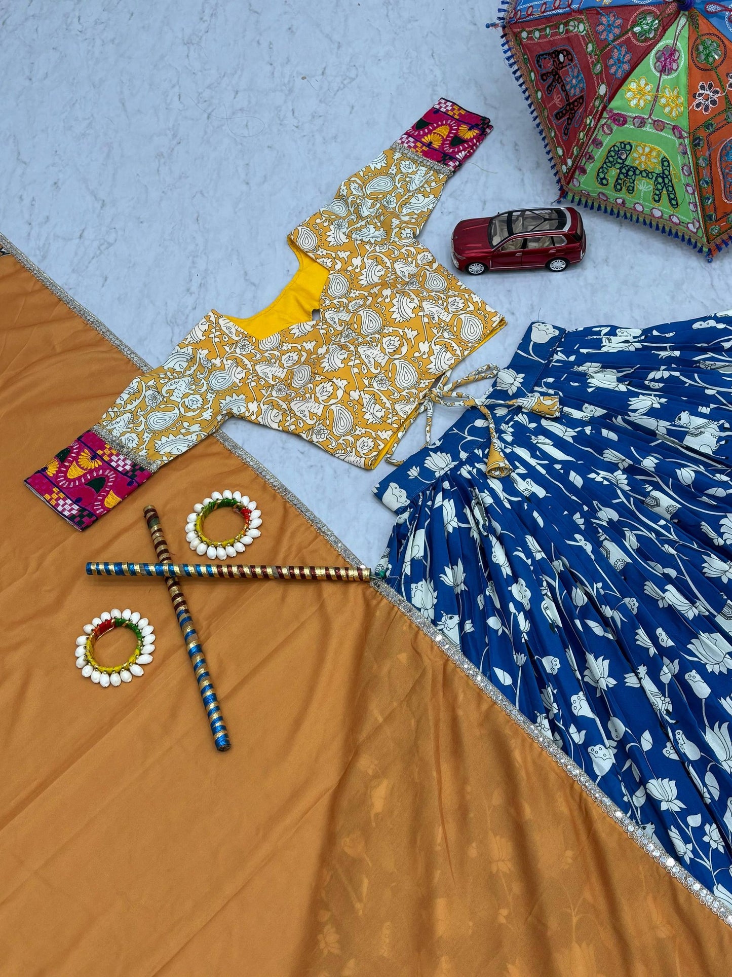 Navratri Collection Yellow Cotton Gamthi Work Lehenga Choli