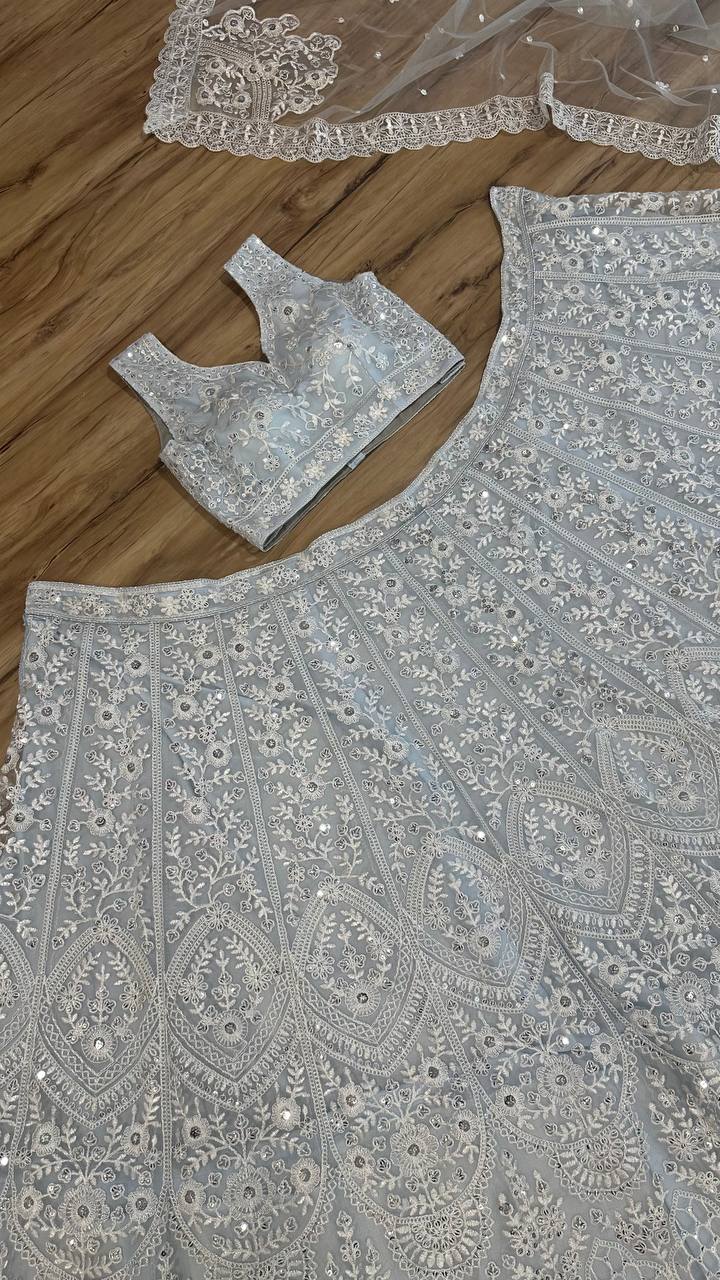 Stylish Silver Color Net Sequins Work Lehenga Choli