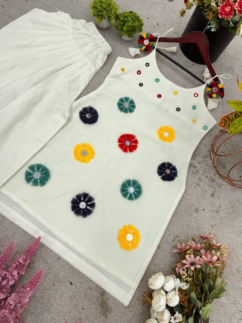 Stylish White Cotton With Mirror Work Dhoti Suit