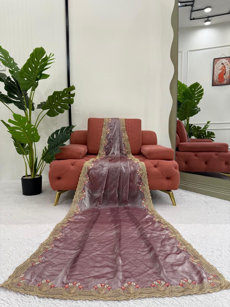 Party Wear Lavender Color Embroidered Silk Saree