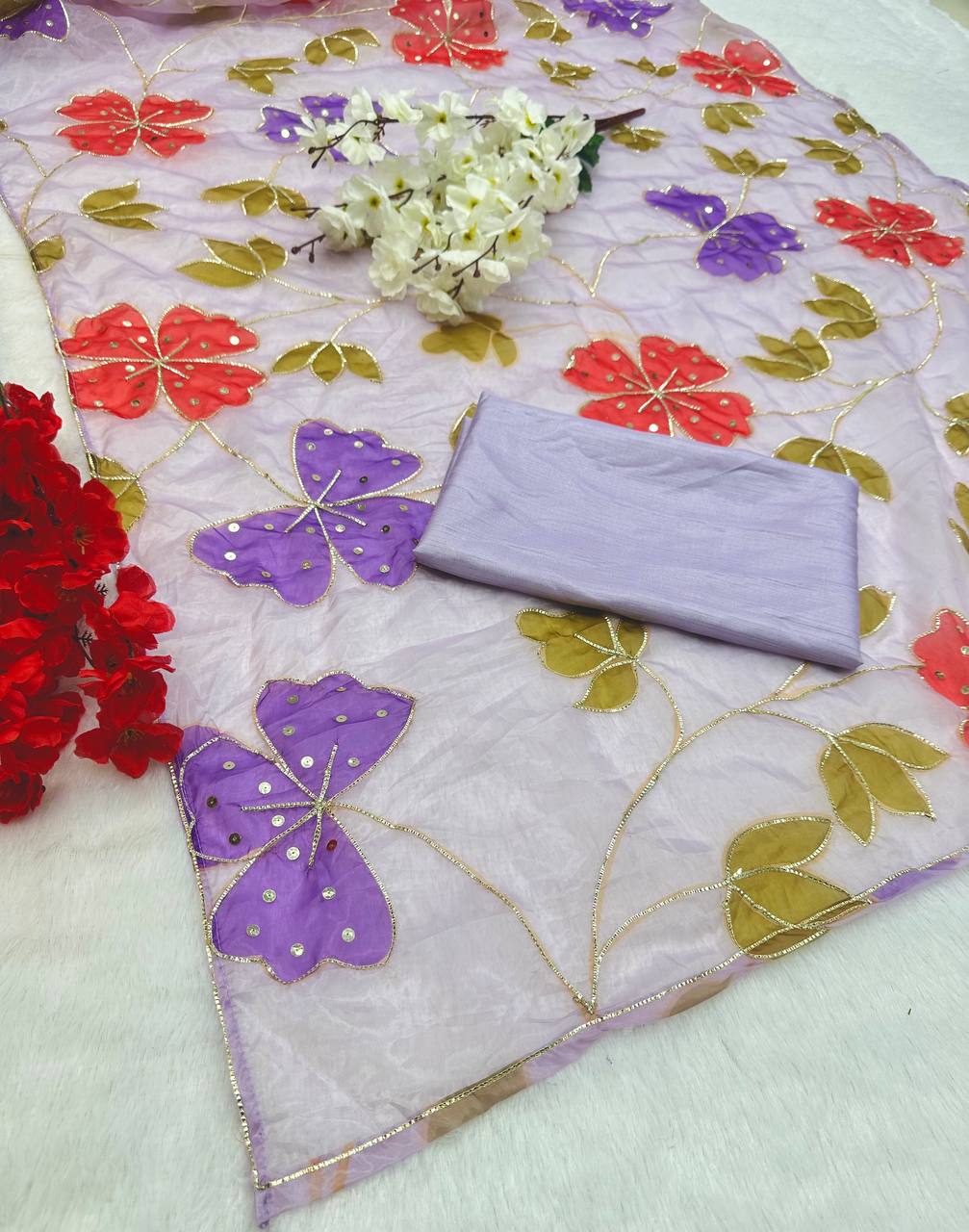 Trendy Lavender Color Sequence Work Organza Silk Saree