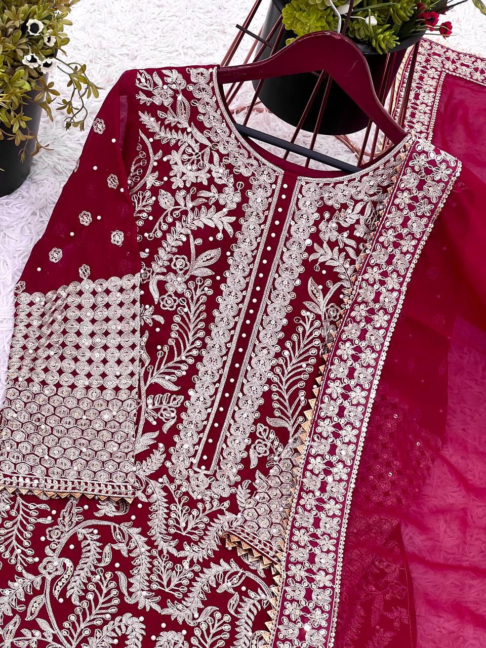 Stylish Rani Pink Georgette Sequence Work Straight Salwar Suit