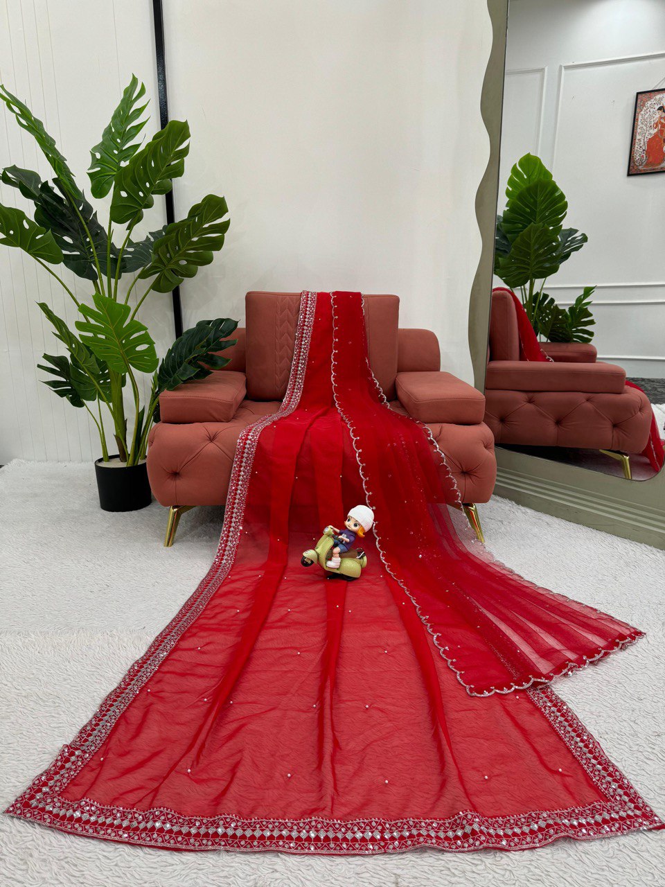 Marvelous Red Color Sequence With Pearl Work Silk Saree