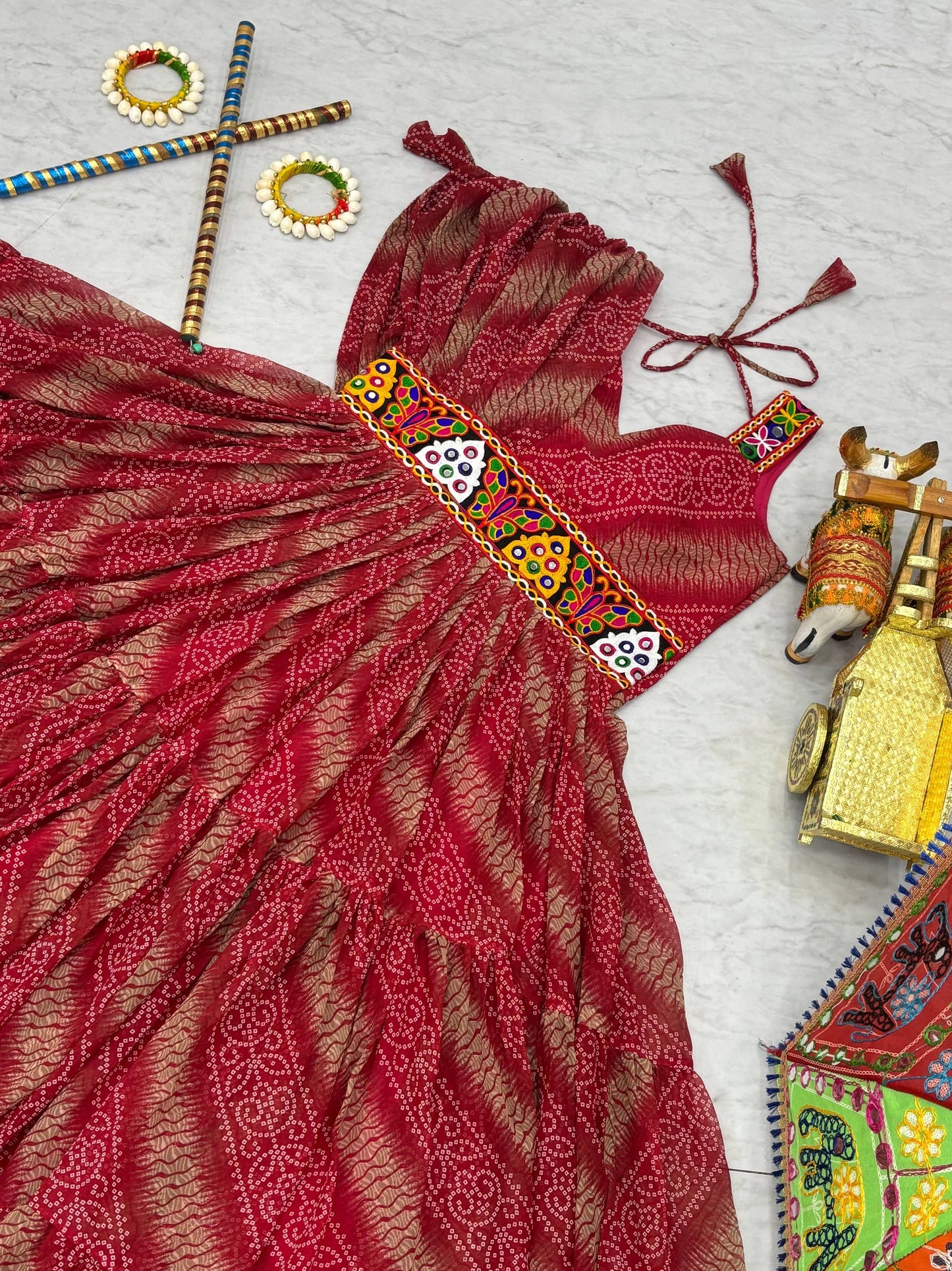 Navratri Special Brown Color Bandhni Gamthi Work Gown