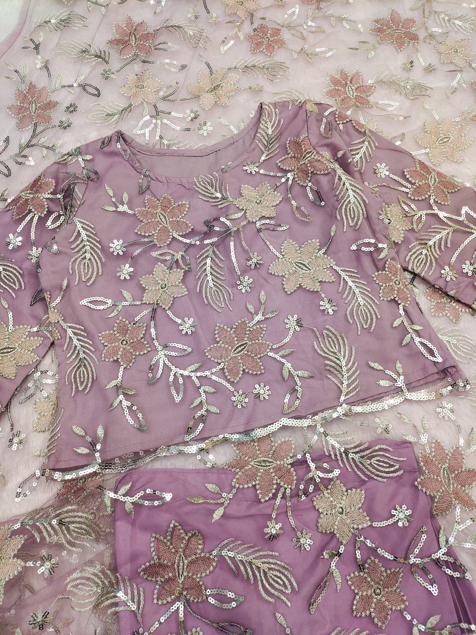 Trendy Lavender Color Net Sequence Work Ready To Wear Saree