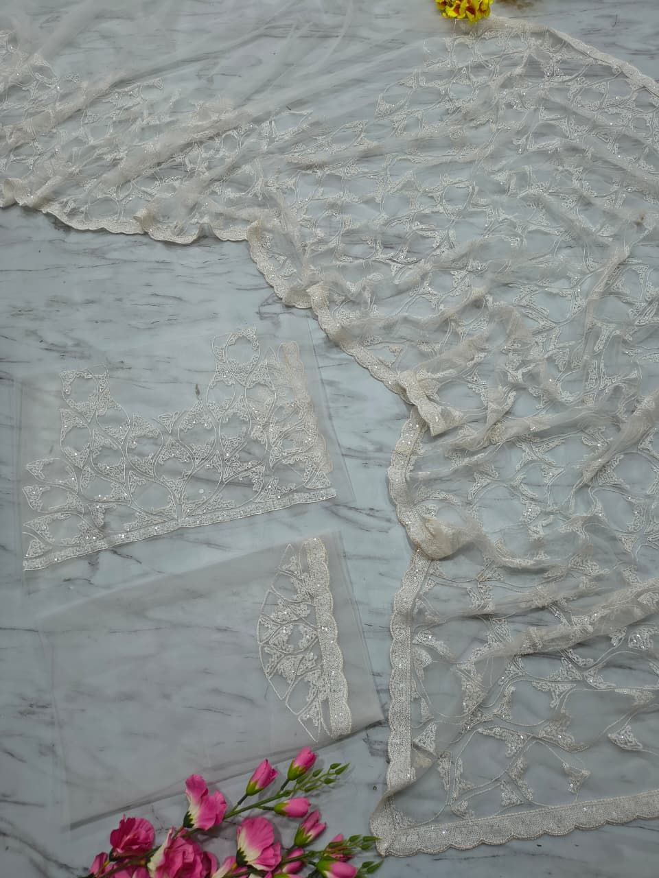 Marvelous White Net with Sequins Work Net Saree