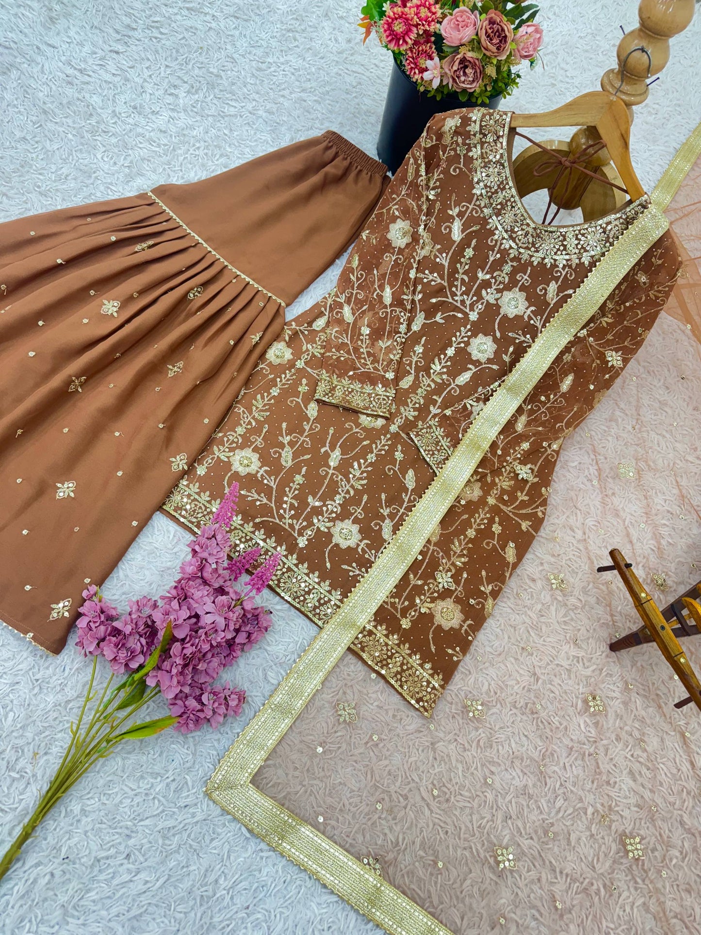 Glorious Brown Georgette Zarkan Work Sharara Suit