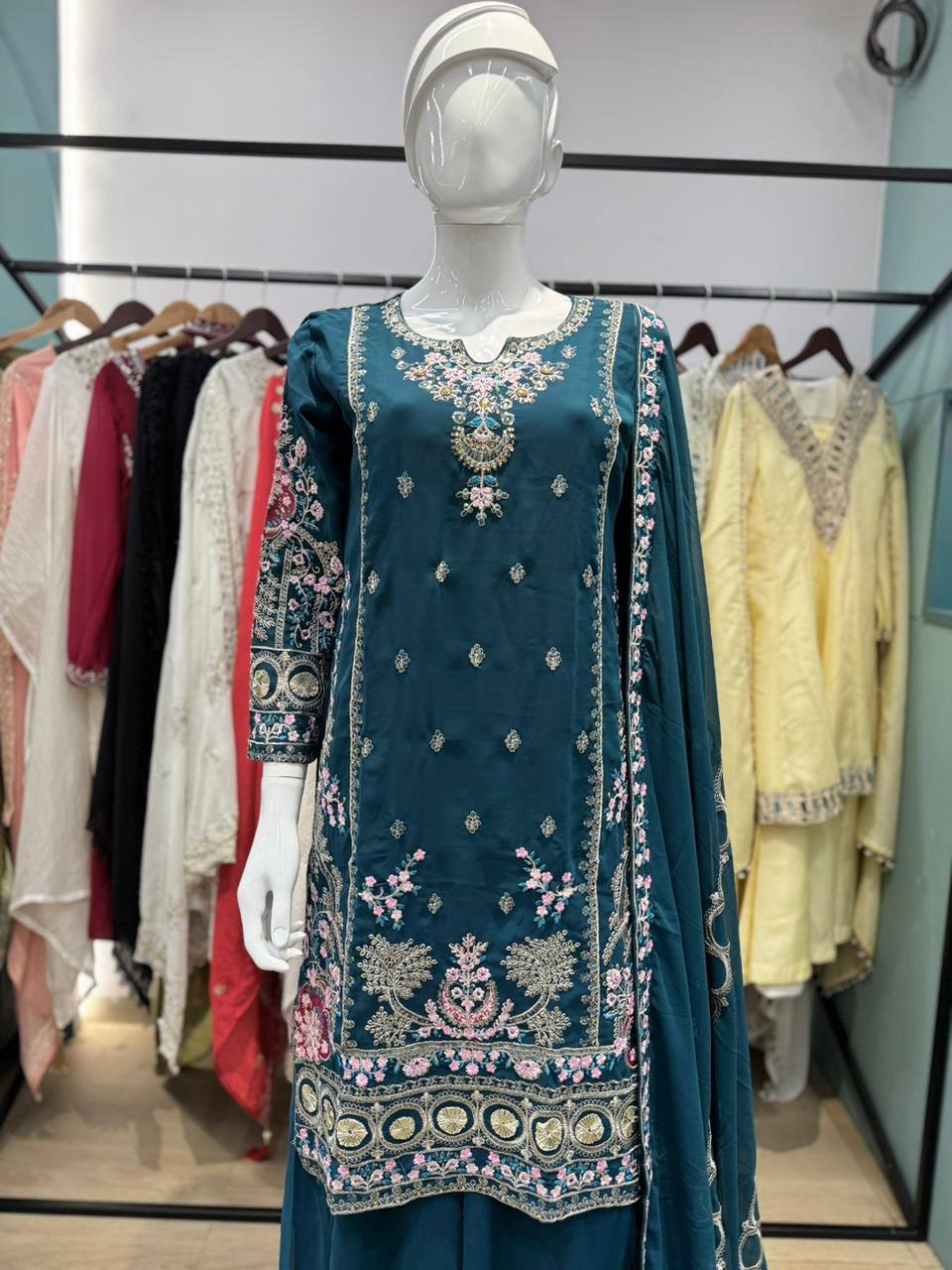 Stunning Blue Georgette Sequence Work Palazzo Suit