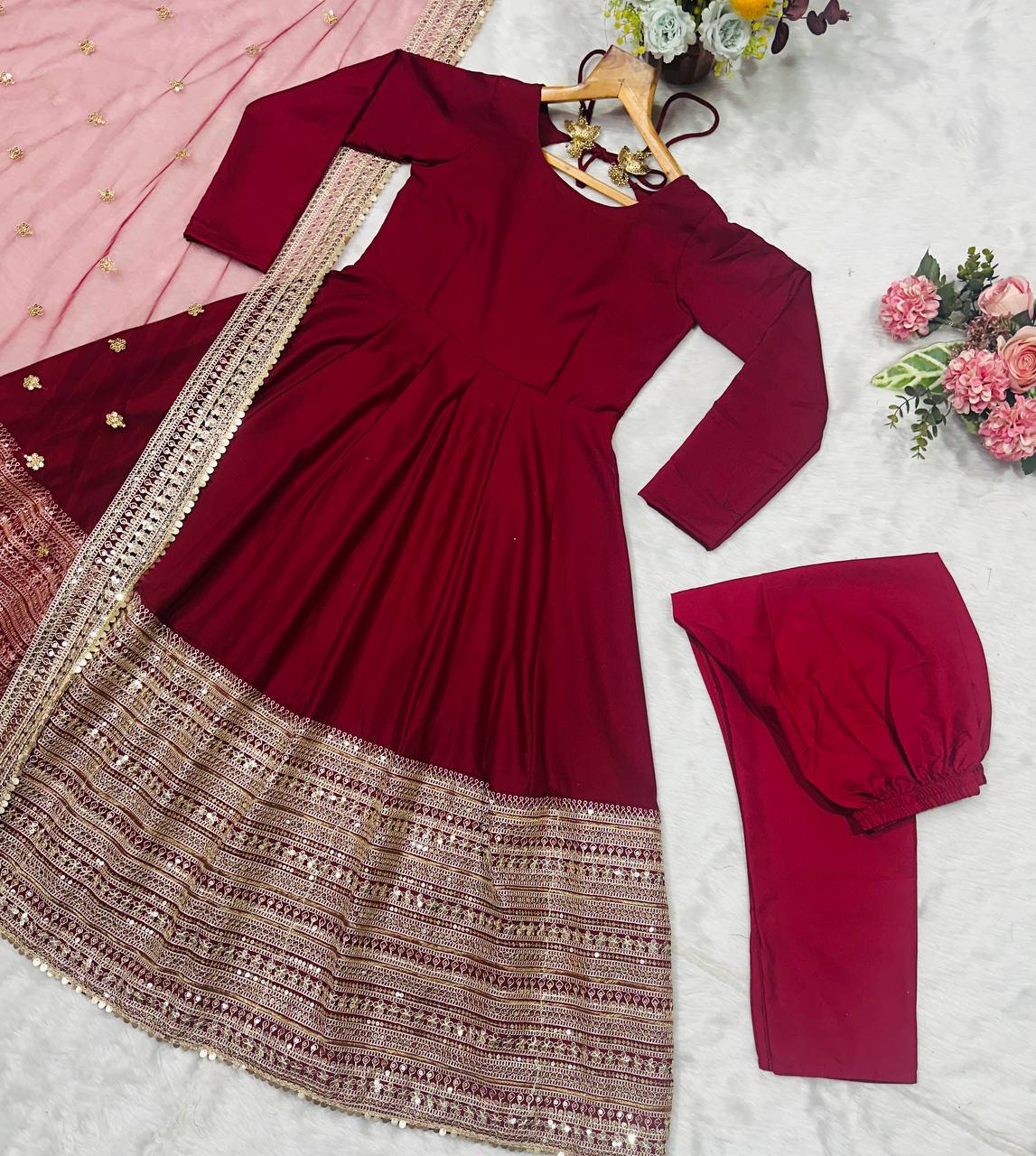Pretty Red Rayon Embroidered Work Anarkali Suit