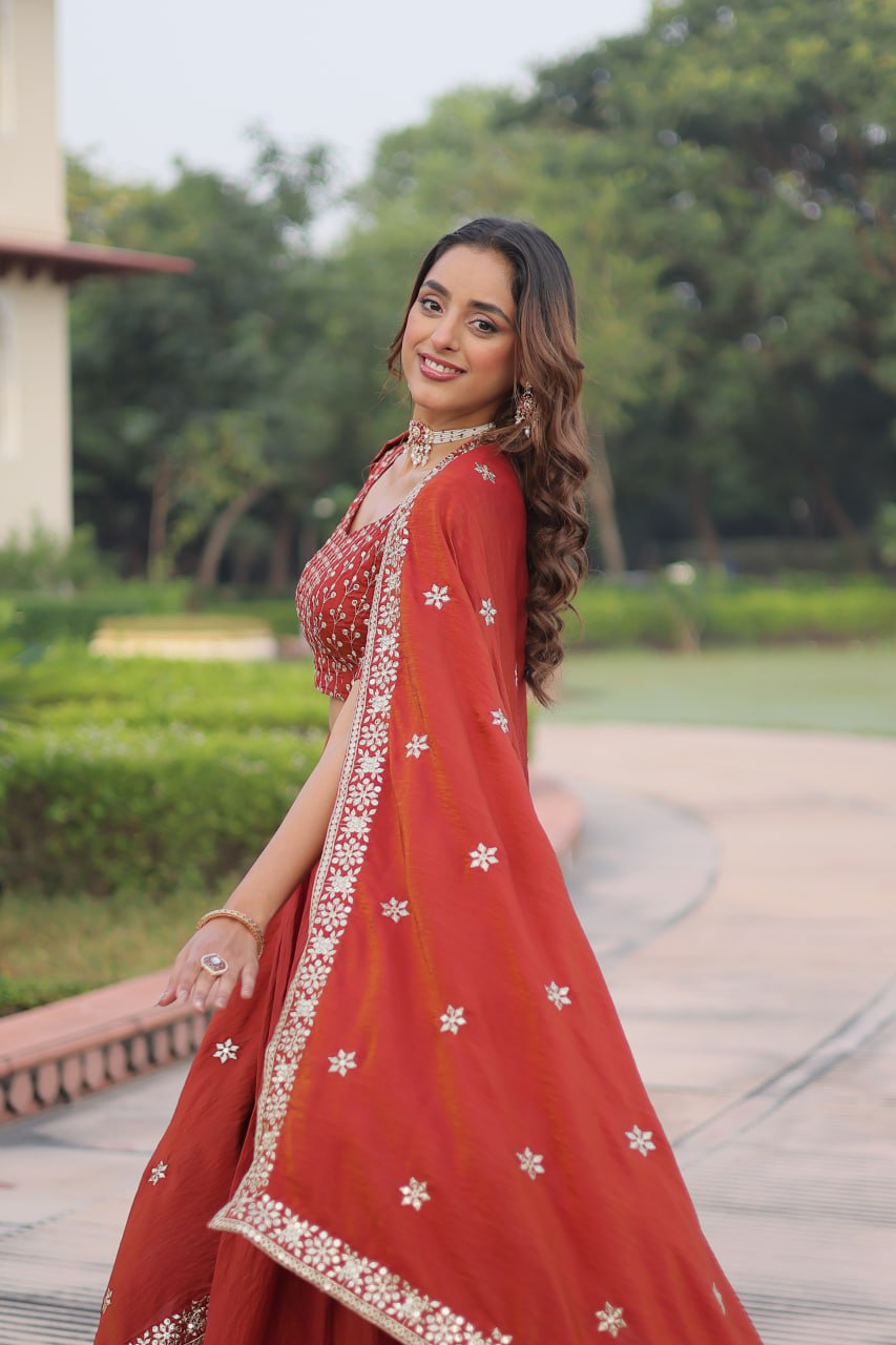 Stylish Red Silk Embroidered Lehenga Choli