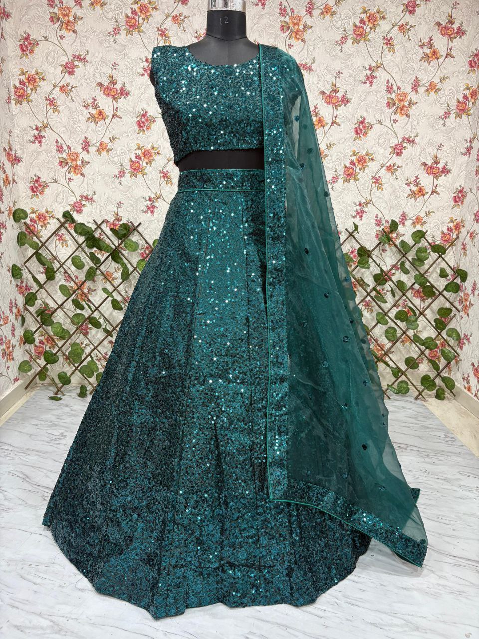 Marvelous Green Tapeta Satin Silk Sequence Work Lehenga Choli