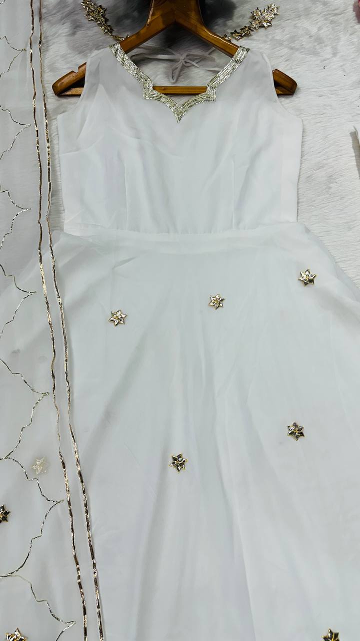 Stylish White Faux Georgette with Embroidery Sharara Suit