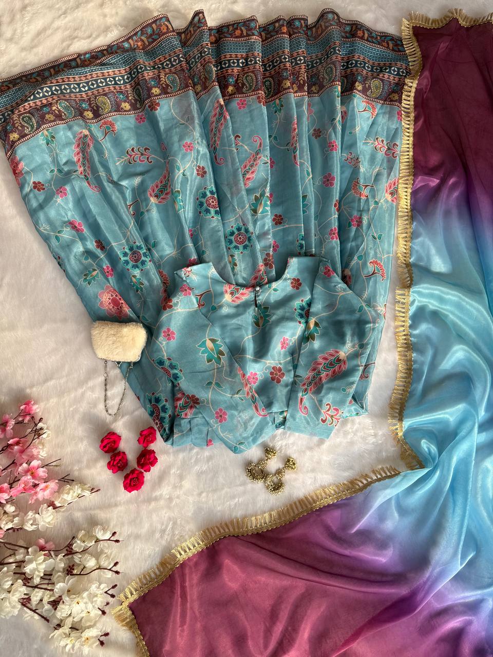 Elegant Blue Organza Silk with Digital Print Anarkali Gown