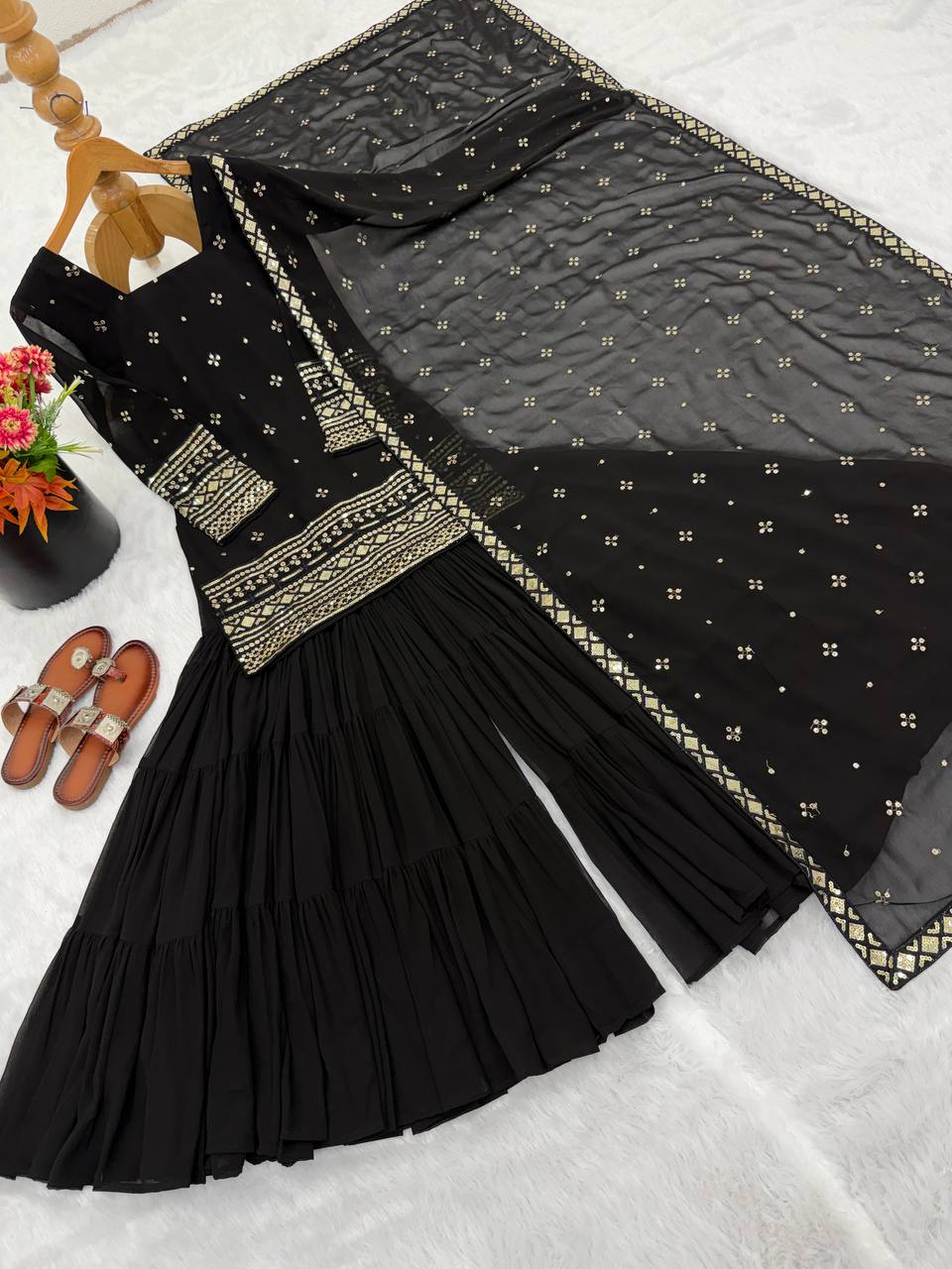 Gorgeous Black Embroidery Sequence Work Sharara Suit
