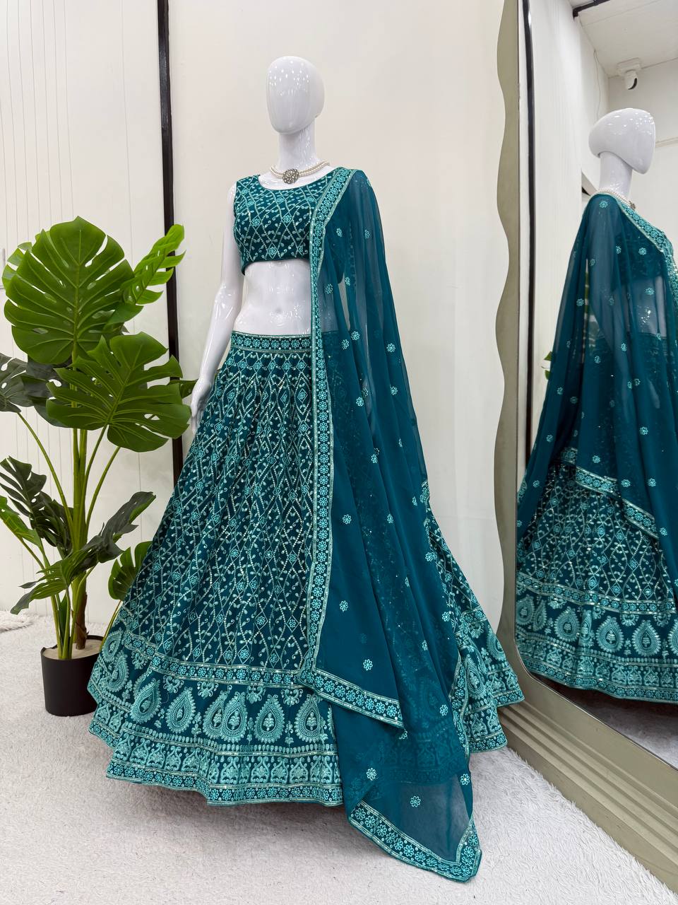 Stylish Rama Color Embroidered Lehenga Choli