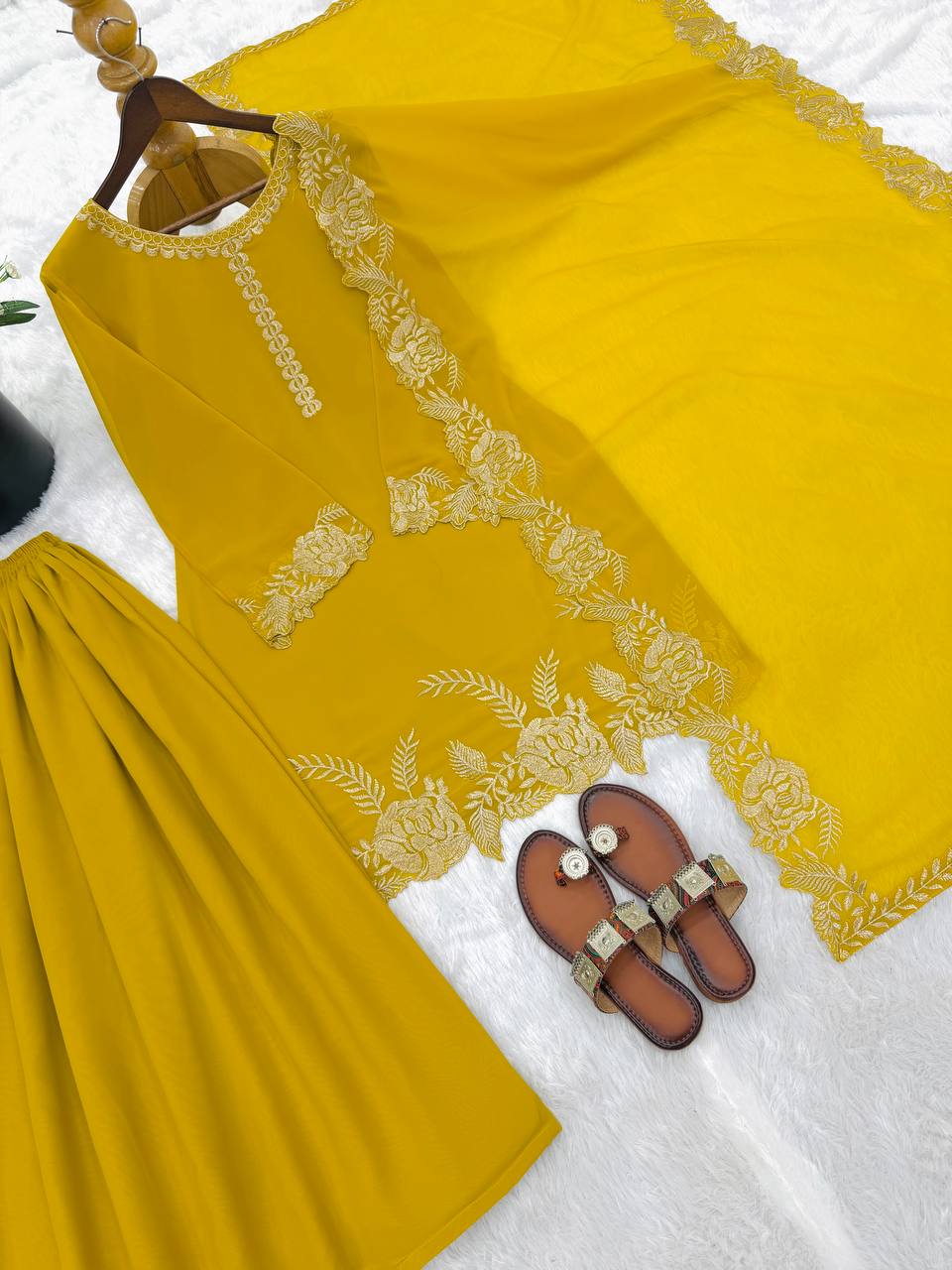 Elegant Yellow Faux Georgette Embroidery Work Palazzo Suit