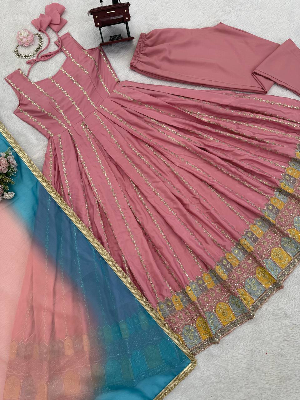Lovely Pink Chinon Silk Thread Work Anarkali Suit