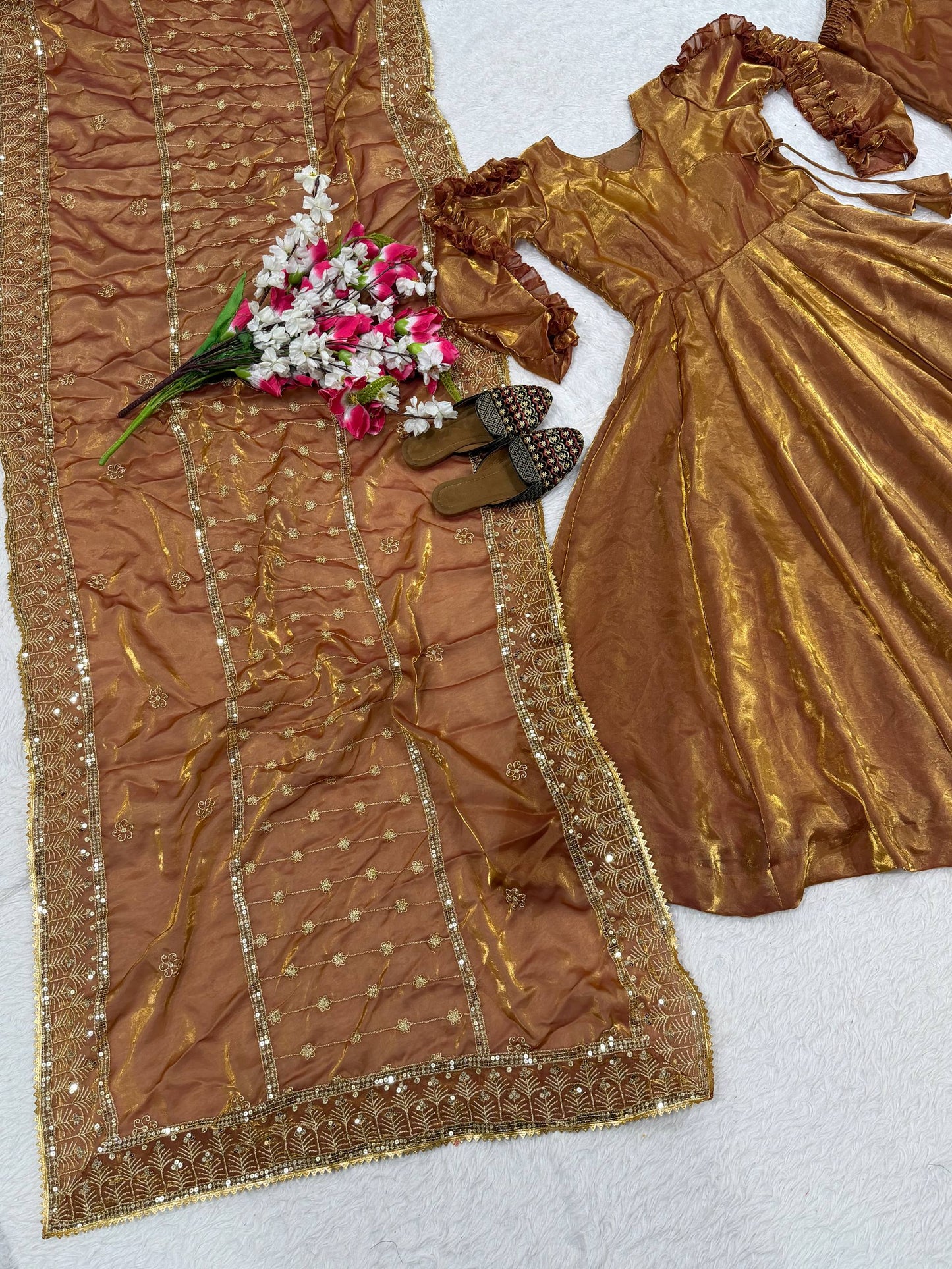 Exclusive Brown Heavy Fendy Silk Work Anarkali Suit