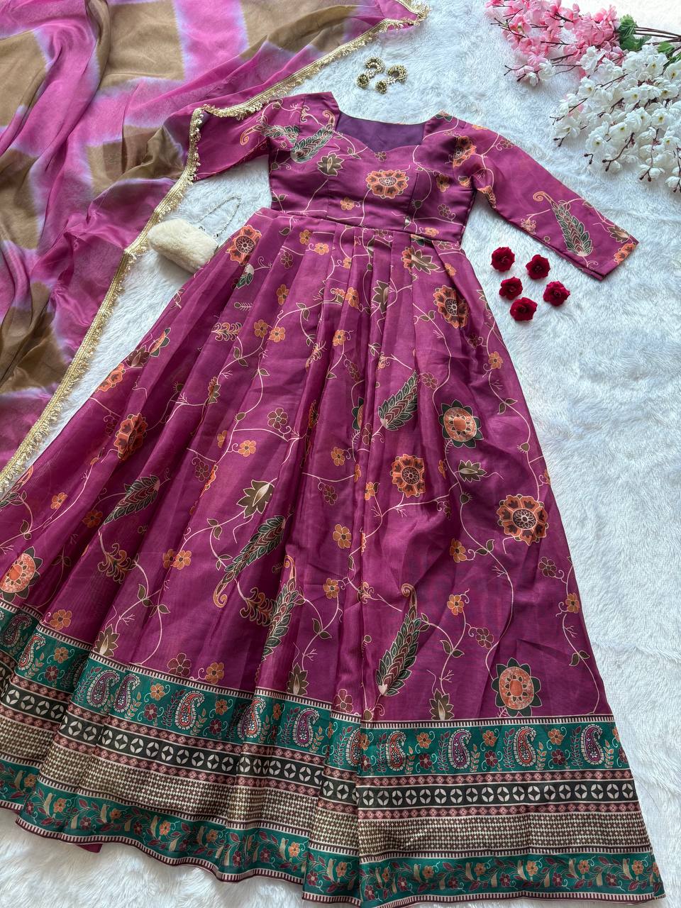 Elegant Purple Organza Silk Digital Printed Anarkali Gown