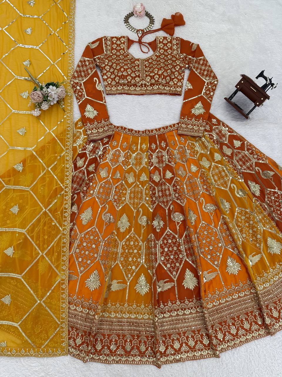 Lovely Orange Faux Georgette Sequence Work Lehenga