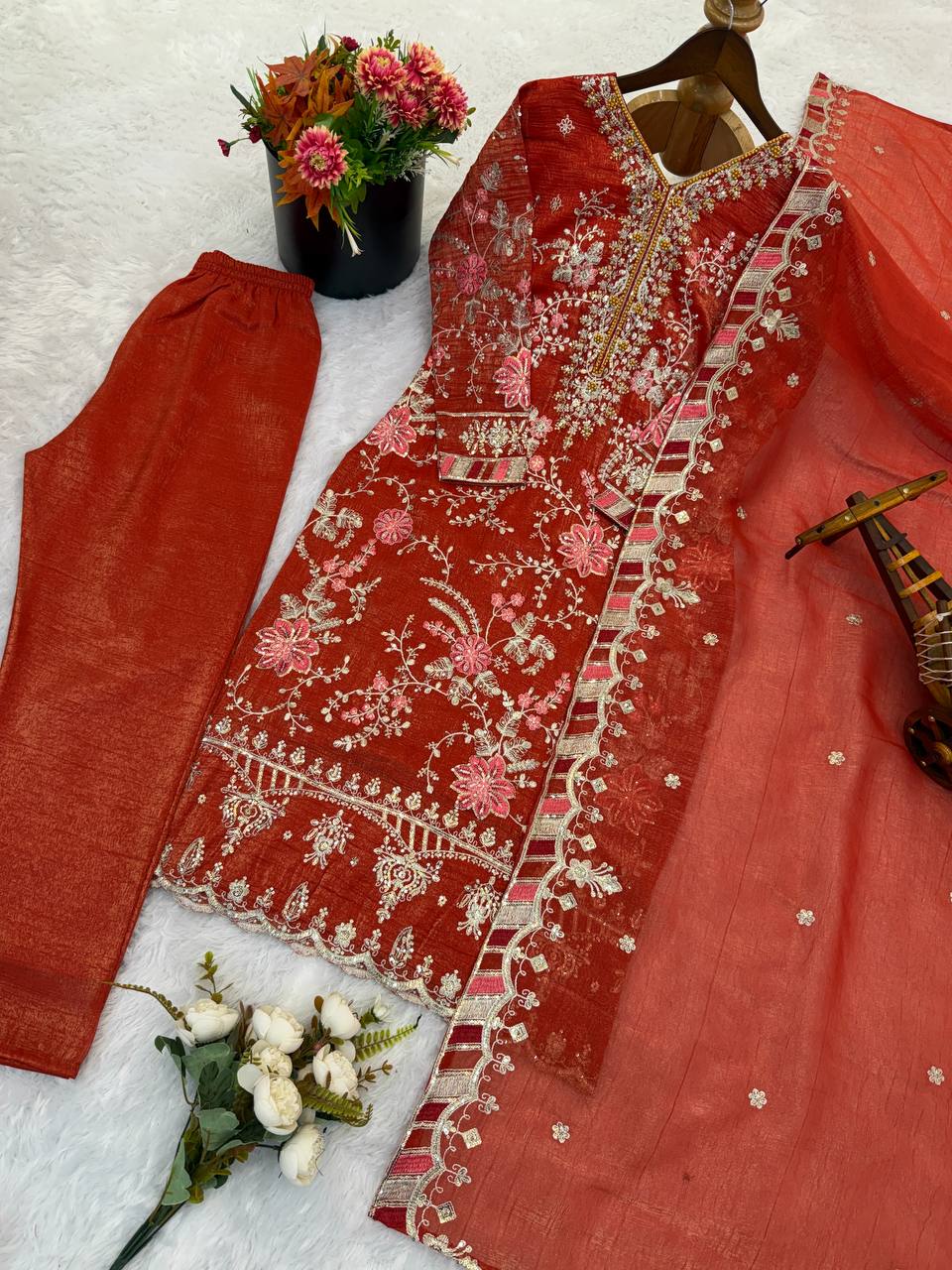 Stunning Red Crunchy Silk Embroidery Sequence Work Palazzo Suit