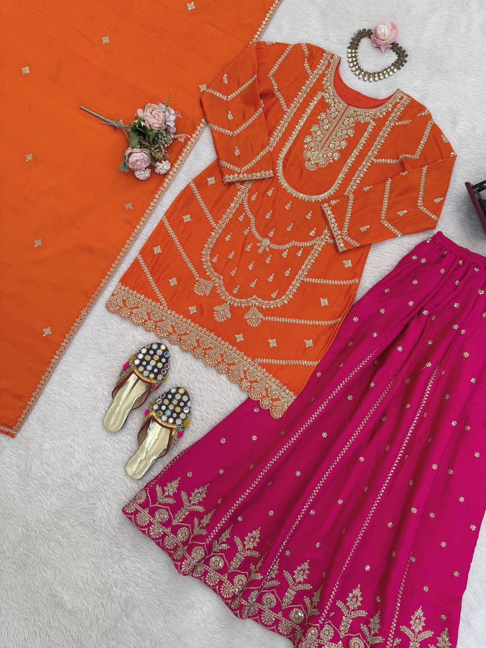 Charming Orange Thread and Sequence Work Sharara Suit
