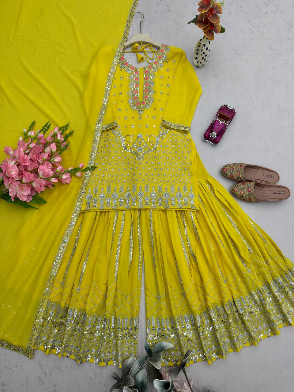 Trendy Yellow Georgette with Sequins Work Sharara Suit